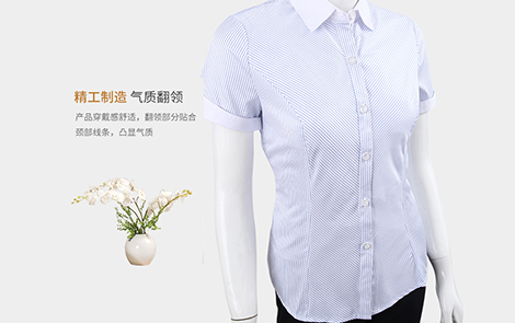 白領(lǐng)藍(lán)色對(duì)斜條棉質(zhì)女士短袖襯衫